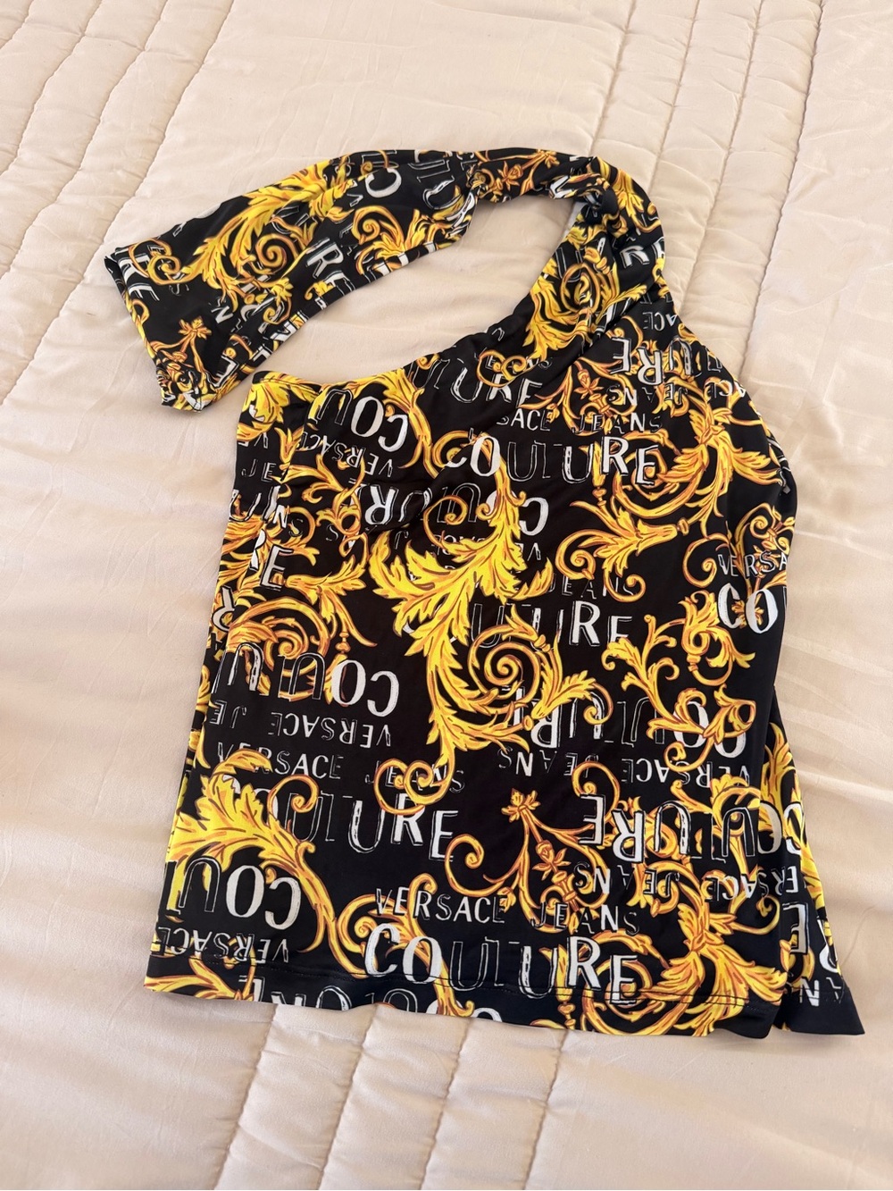 Versace Jeans Collection Black and Gold Baroque One-Shoulder Camisole